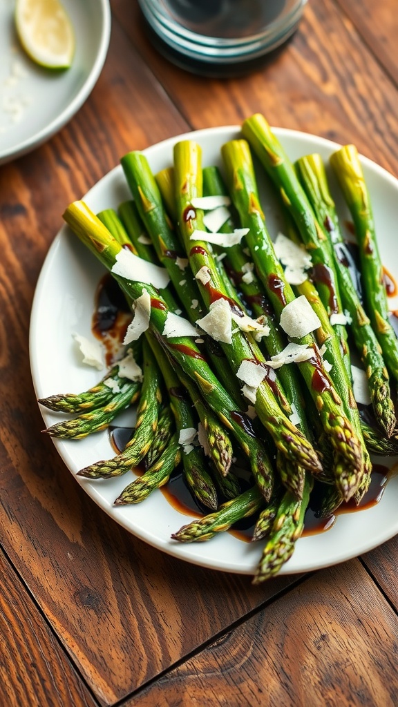 Plate of roasted asparagus with balsamic glaze and Parmesan cheese shavings.